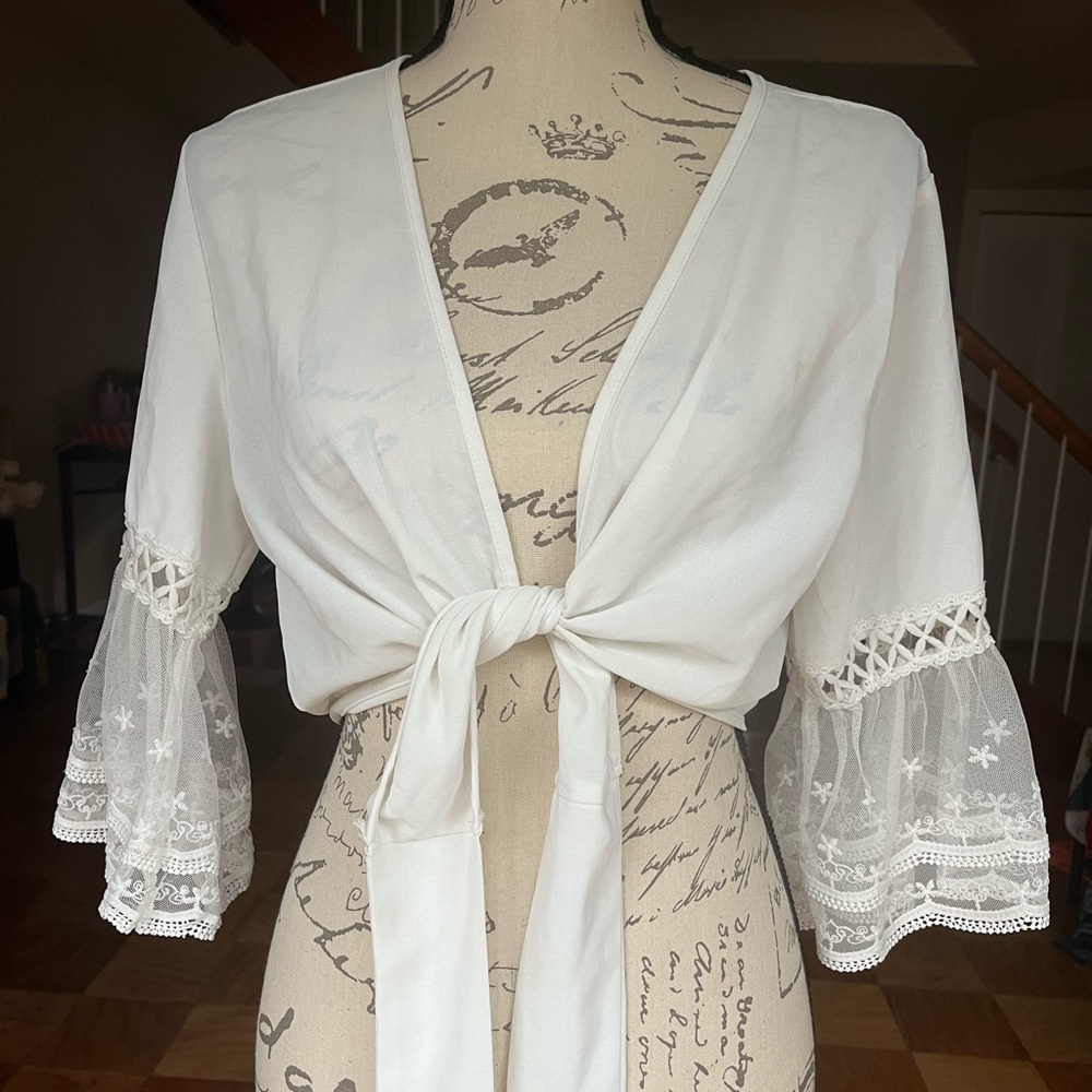 White Lace-Sleeve Tie-Front Women’s Top